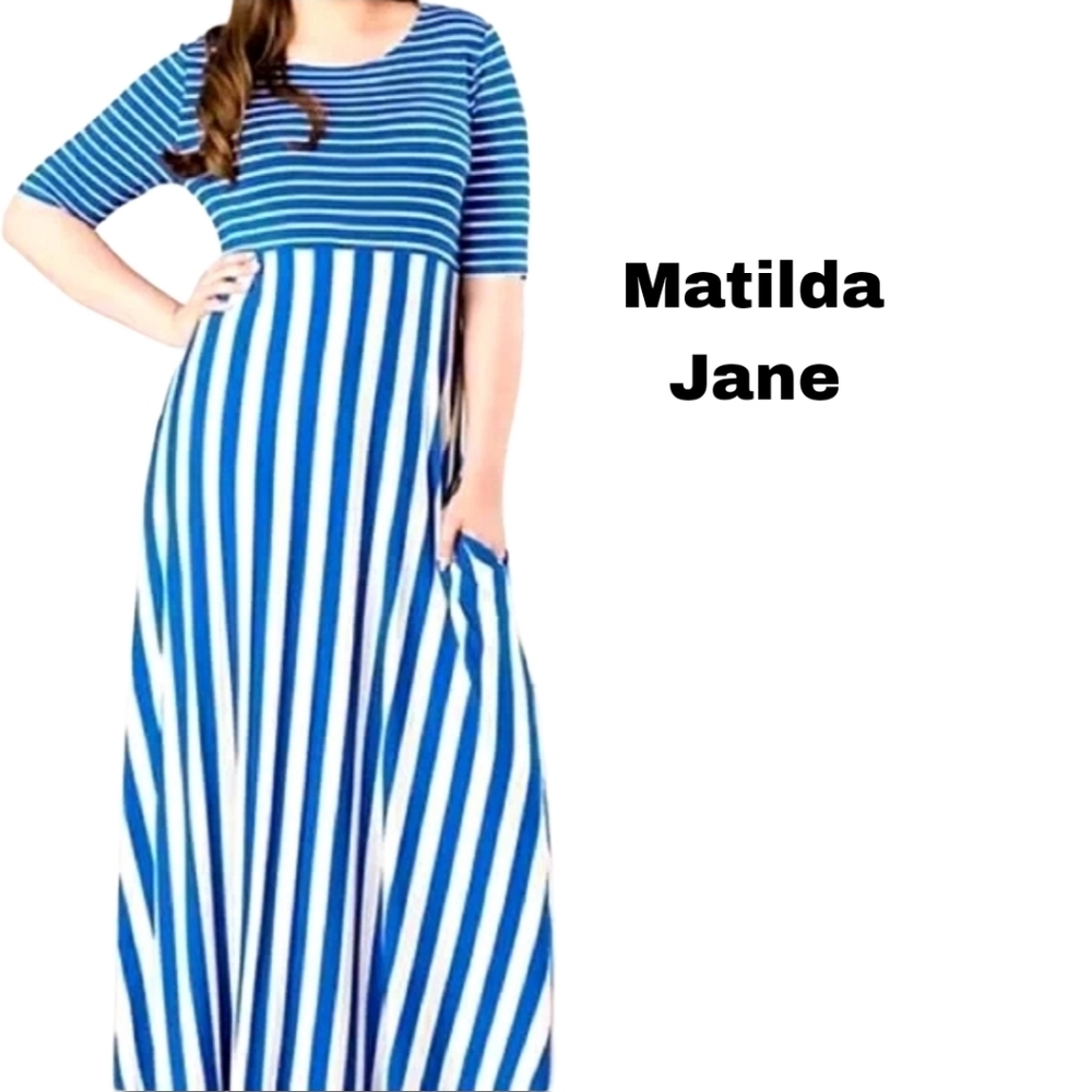 Matilda Jane Stretchy Stripe Blue White Maxi Dress  Small